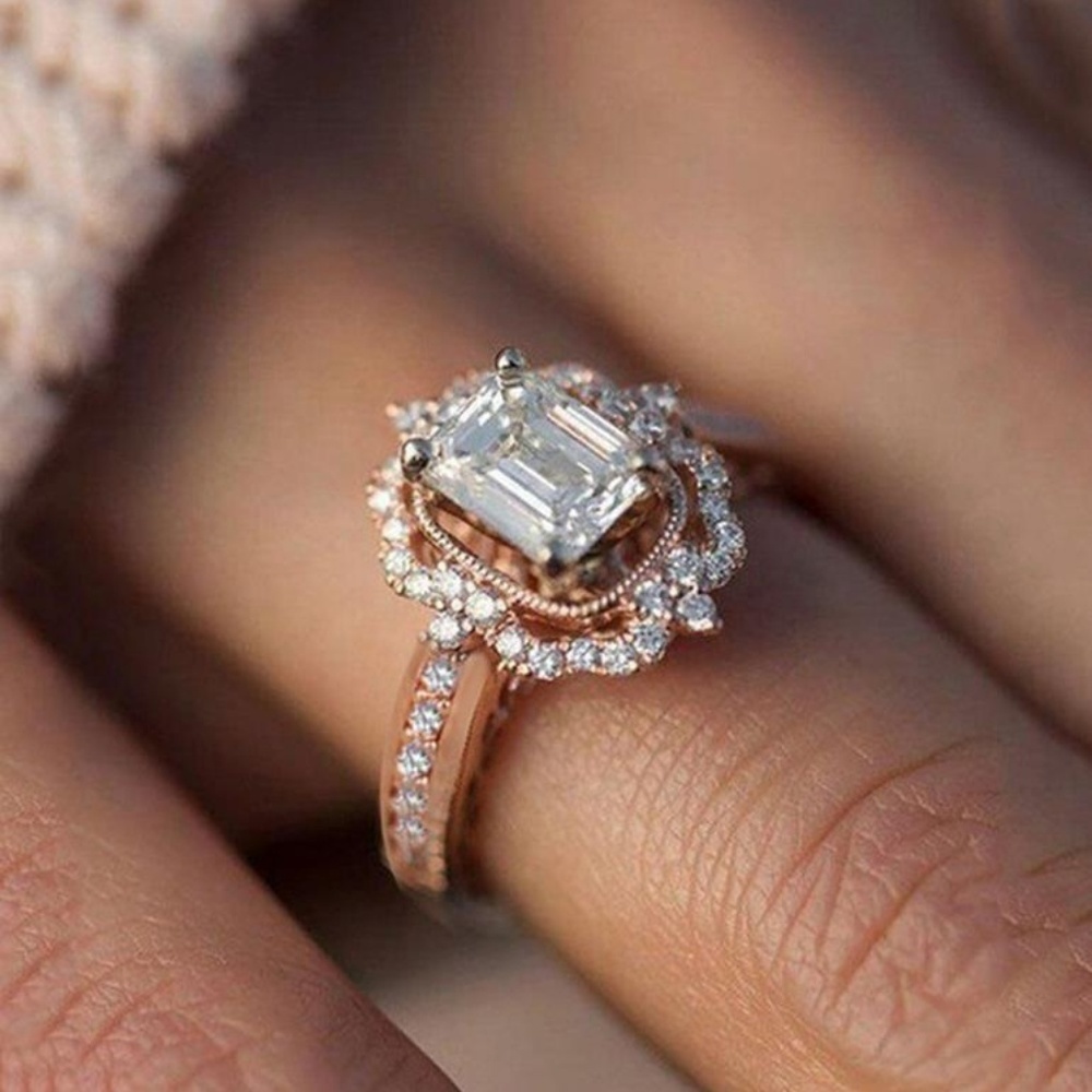 *NEW Rose Gold Diamond Halo Radiant Cut Ring